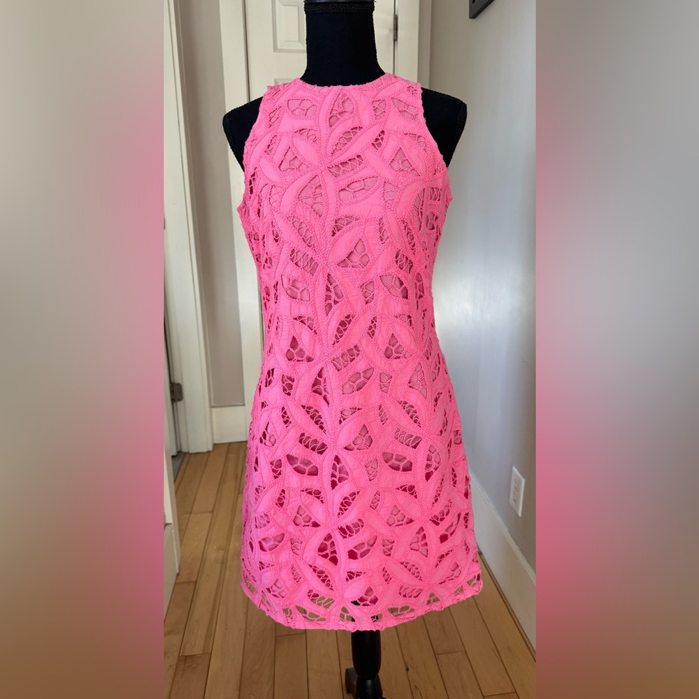 Loft pink lace sleeveless round neck zip back mini cocktail dress women’s 0
